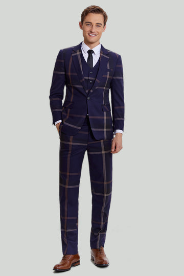 Homme 3 Pièces Un Bouton Marine Plaid Smoking